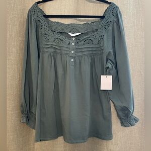 NWT Lauren Conrad 3/4 sleeve blouse with eyelet detail in pine green